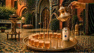 Service traditionnel du thé à la menthe marocain lors d’une cérémonie marocaine